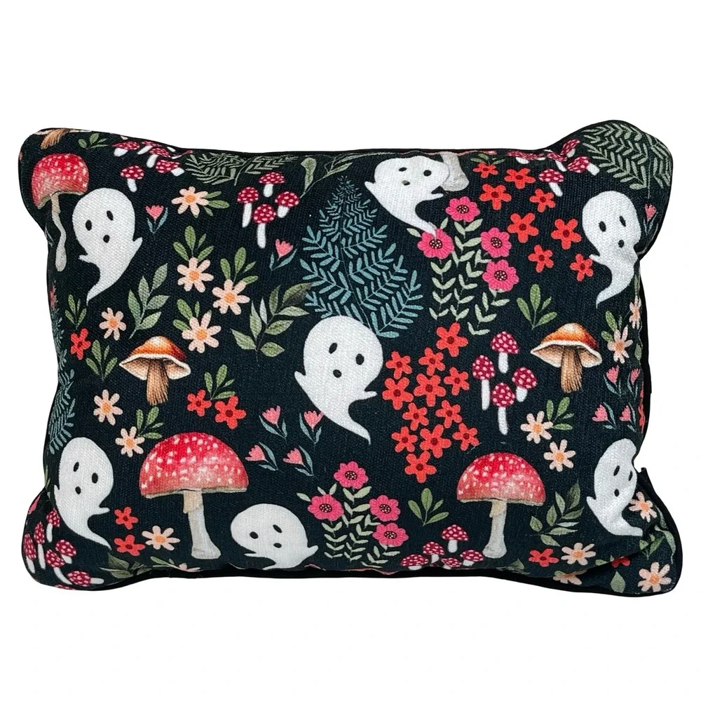 Well Dressed Home‎ Ghost Mushroom Floral Pillow Black Halloween Spooky Decor